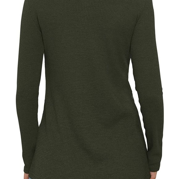 Waffle Knit Long Sleeve Blouse Slim Fit Button Down V Neck, army green XL - Picture 2 of 5